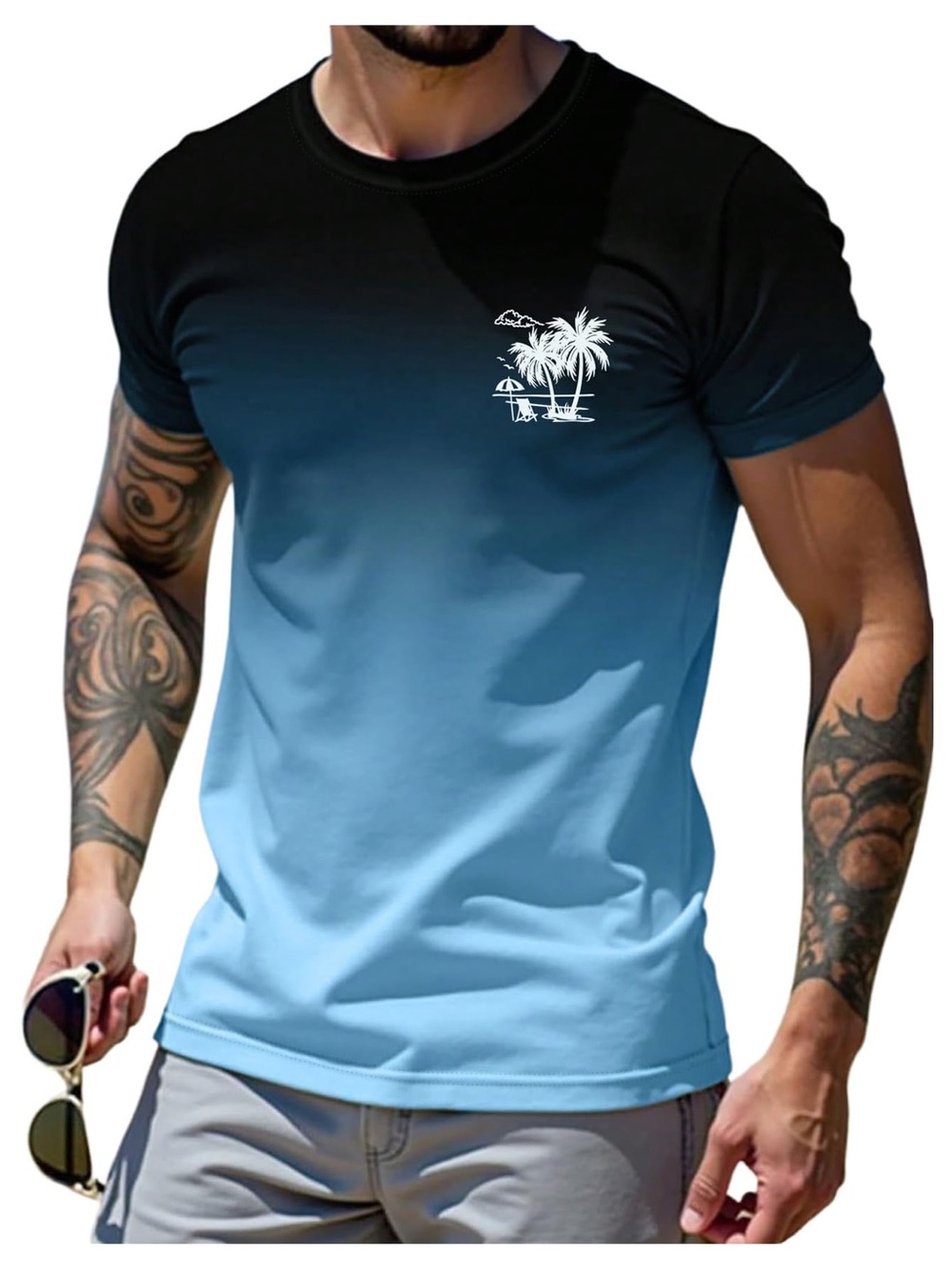 Men's Blue Ombre Palm Graphic Crew Neck Tee